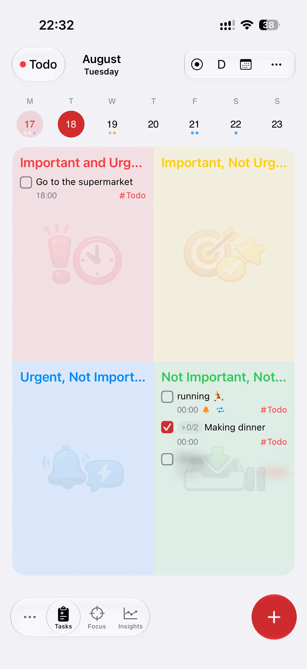 DoTask quadrant view: tasks by importance and urgency
